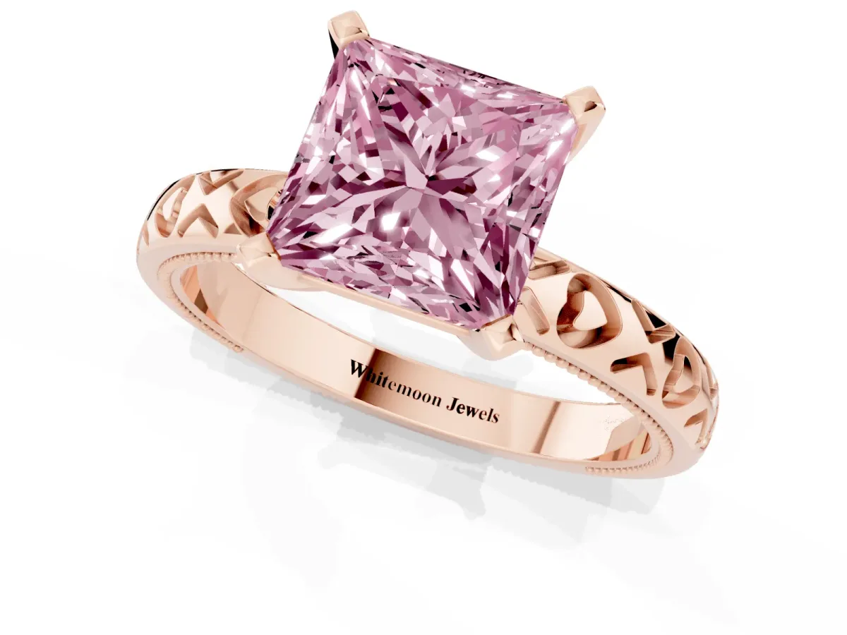 Fancy Pink Princess Cut Solitaire Diamond Engagement Ring with XO Engraved Band and Four-Prong Setting Rose gold