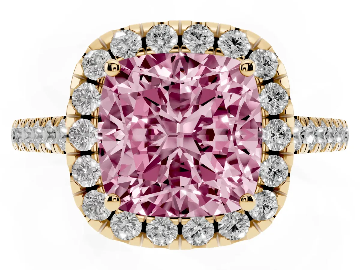 Fancy Pink Cushion Cut Halo Pavé Diamond Engagement Ring with Four-Prong Setting Yellow gold