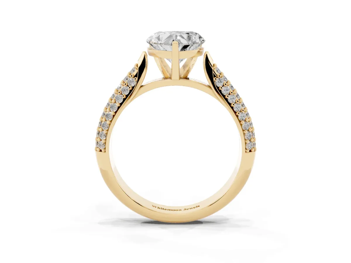 Heart Cut Diamond Solitaire Engagement Ring with Multi-Row Round Pavé Band and Prong Setting Yellow gold