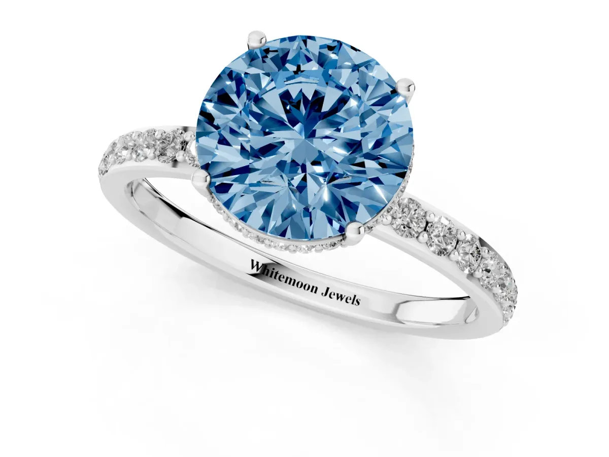 Fancy Blue Round Cut Diamond Solitaire Ring with Pavé Band and Hidden Halo Silver