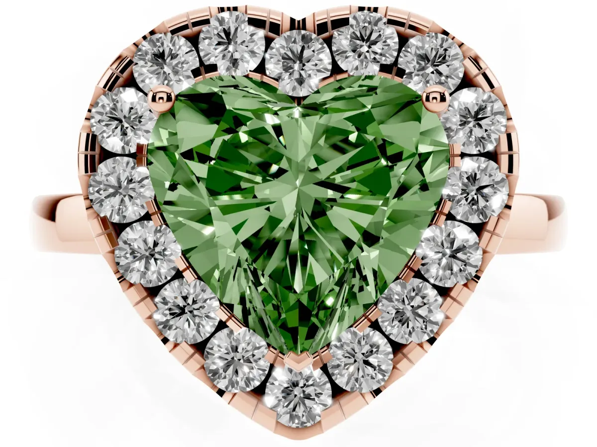 Fancy Green Heart Cut Halo Diamond Solitaire with Pavé Band and Four-Prong Setting Rose gold