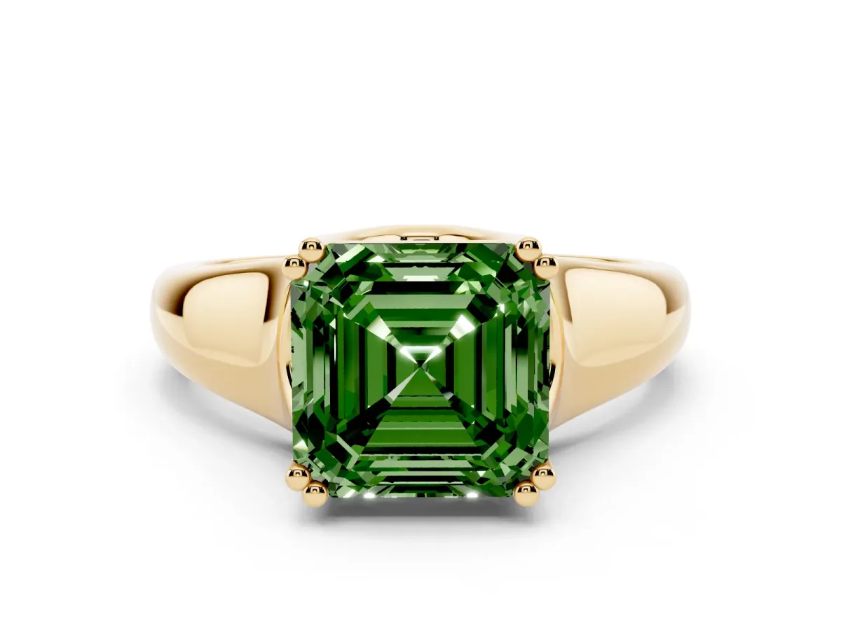 Fancy Green Asscher Cut Diamond Solitaire Ring with Wide Band and Prong Setting Yellow gold
