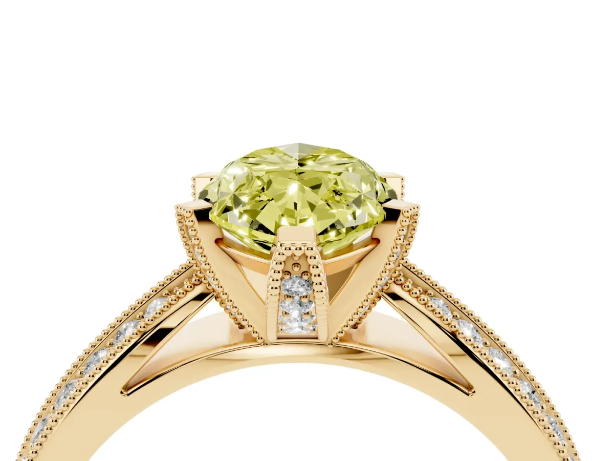 Fancy Yellow Marquise Cut Diamond Solitaire Ring with Milgrain Round Pavé Band and Prong Setting Yellow gold
