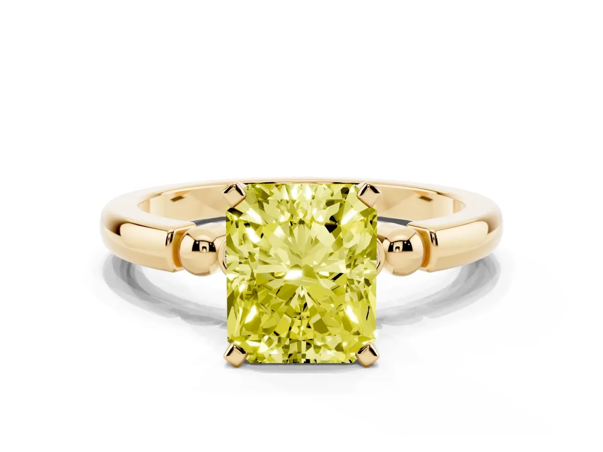 Fancy Yellow Radiant Cut Solitaire Beaded Band with Four-Prong Setting Yellow gold