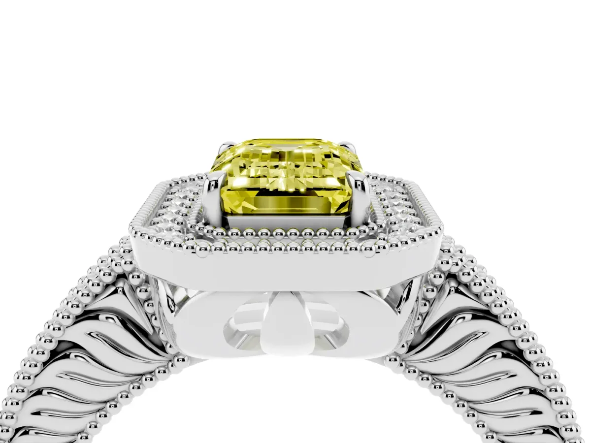 Fancy Yellow Emerald Cut Cut Halo Diamond Ring with Pavé Band and Four-Prong Setting White gold