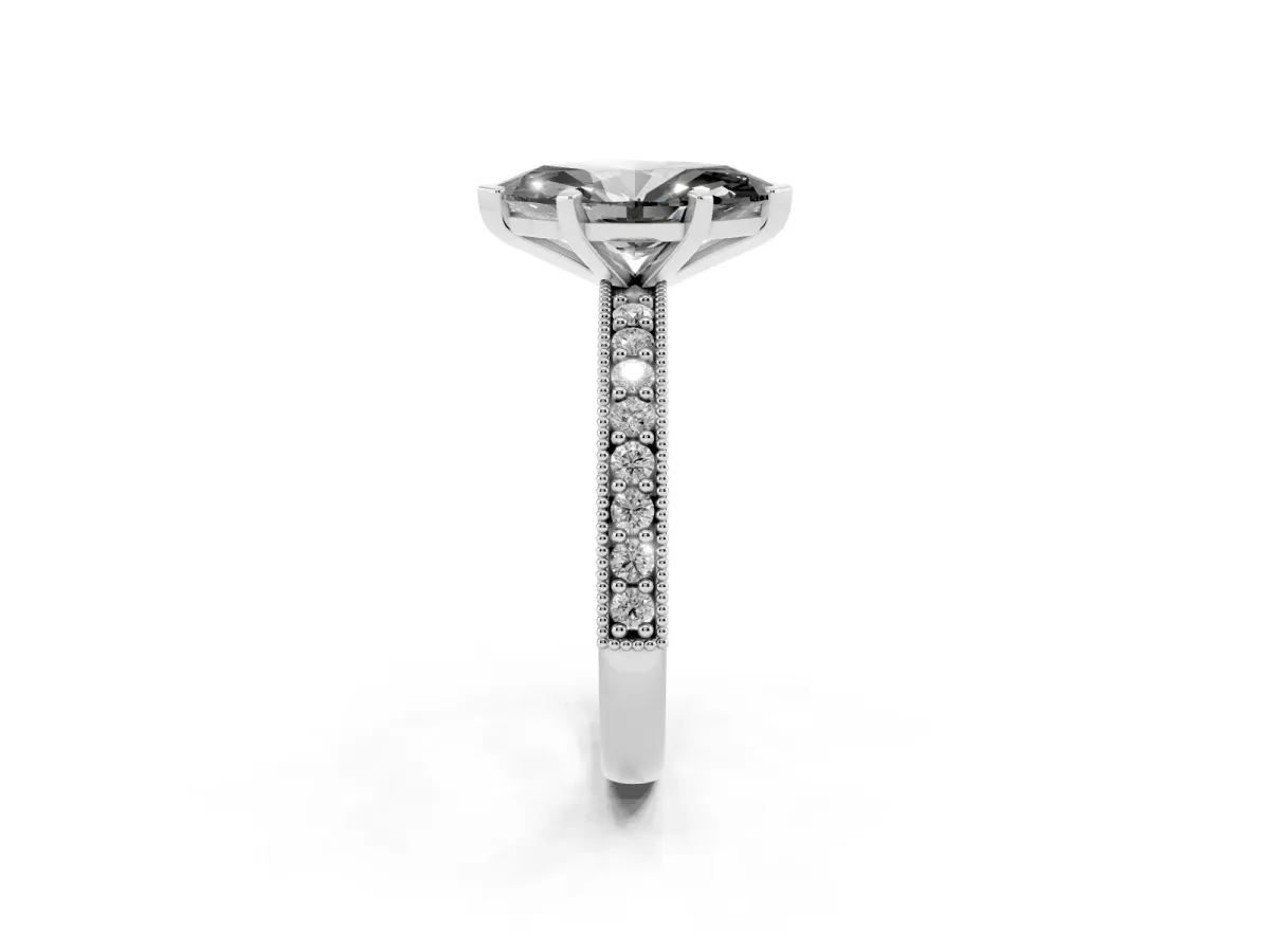 Fancy Black Marquise Cut Diamond Milgrain Pavé Engagement Ring with Four-Prong Setting Silver