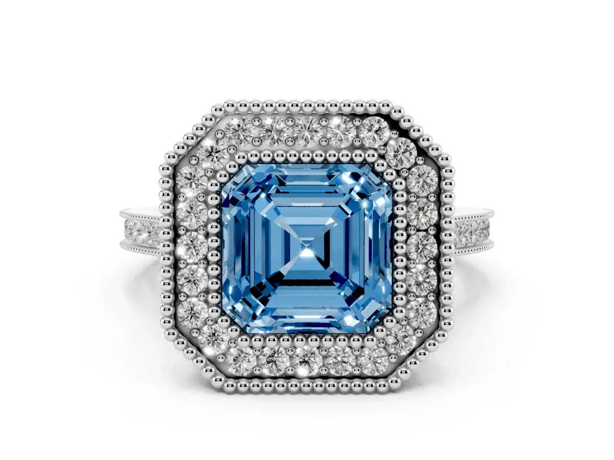 Fancy Blue Asscher Cut Diamond Halo Ring with Milgrain Frame and Pavé Band Platinum