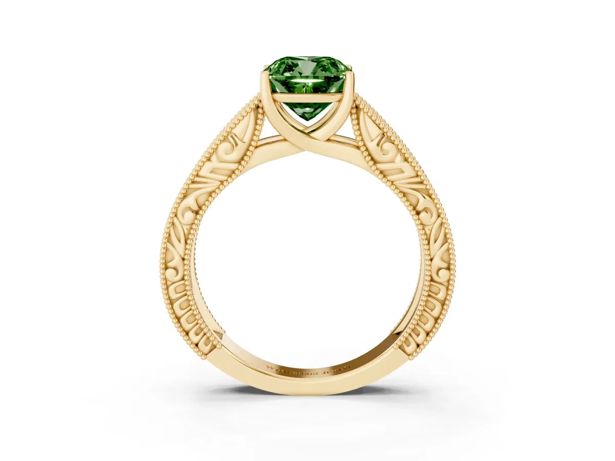 Fancy Green Cushion Cut Diamond Solitaire Ring with Engraved Band and Four-Prong Setting Yellow gold