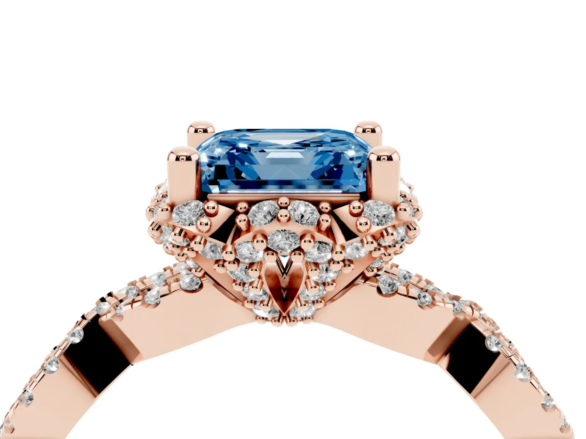 Fancy Blue Asscher Cut Halo Twist Band Solitaire Ring with Six-Prong Setting Rose gold