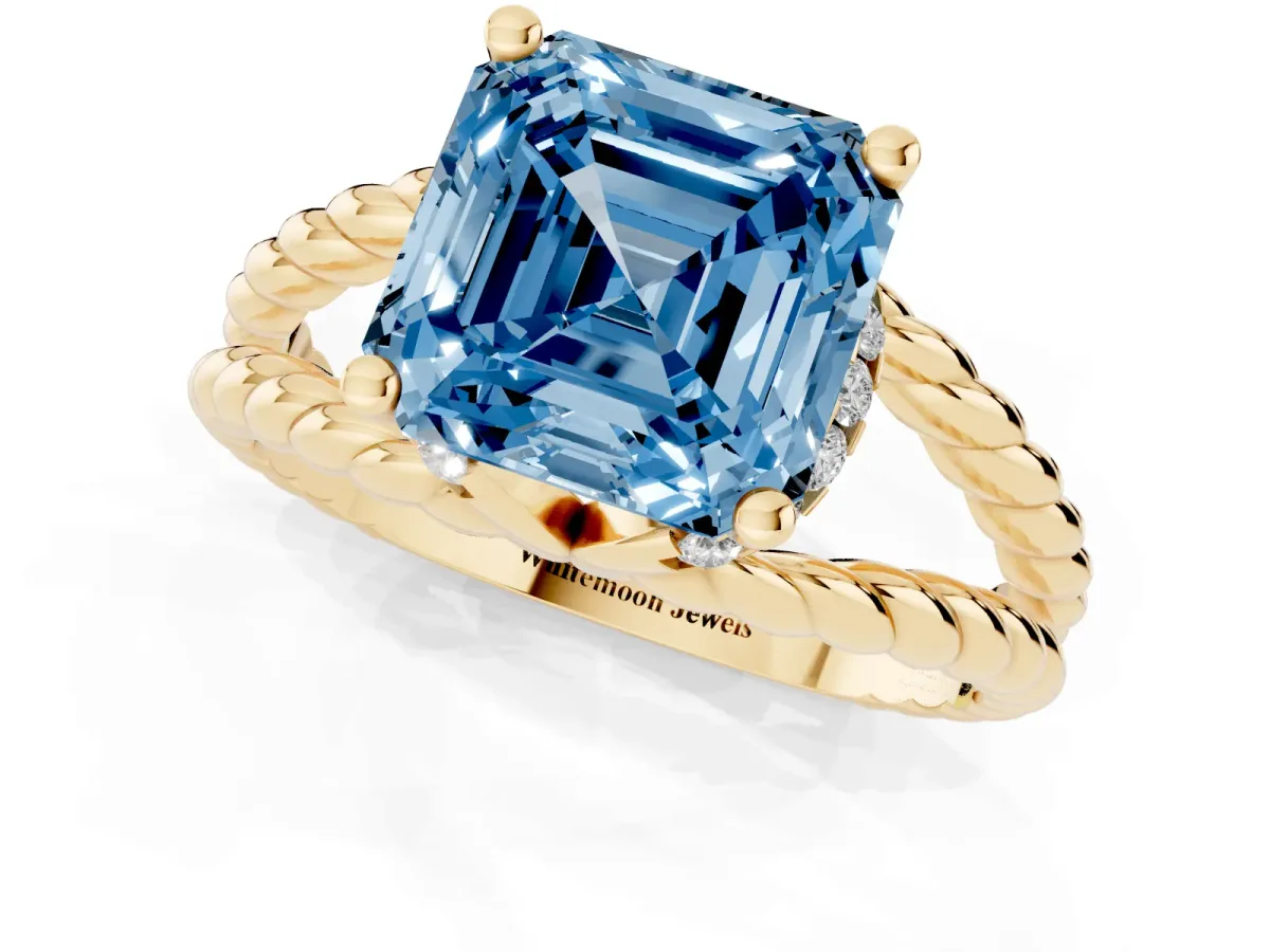 Fancy Blue Asscher Cut Halo Twisted Band Four-Prong Ring Yellow gold