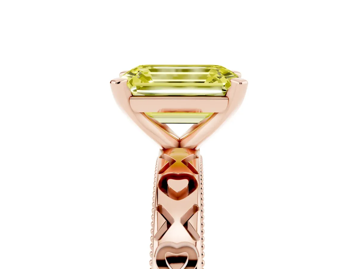 Fancy Yellow Emerald Cut Solitaire Diamond Engagement Ring with XO Engraved Band and Four-Prong Setting Rose gold