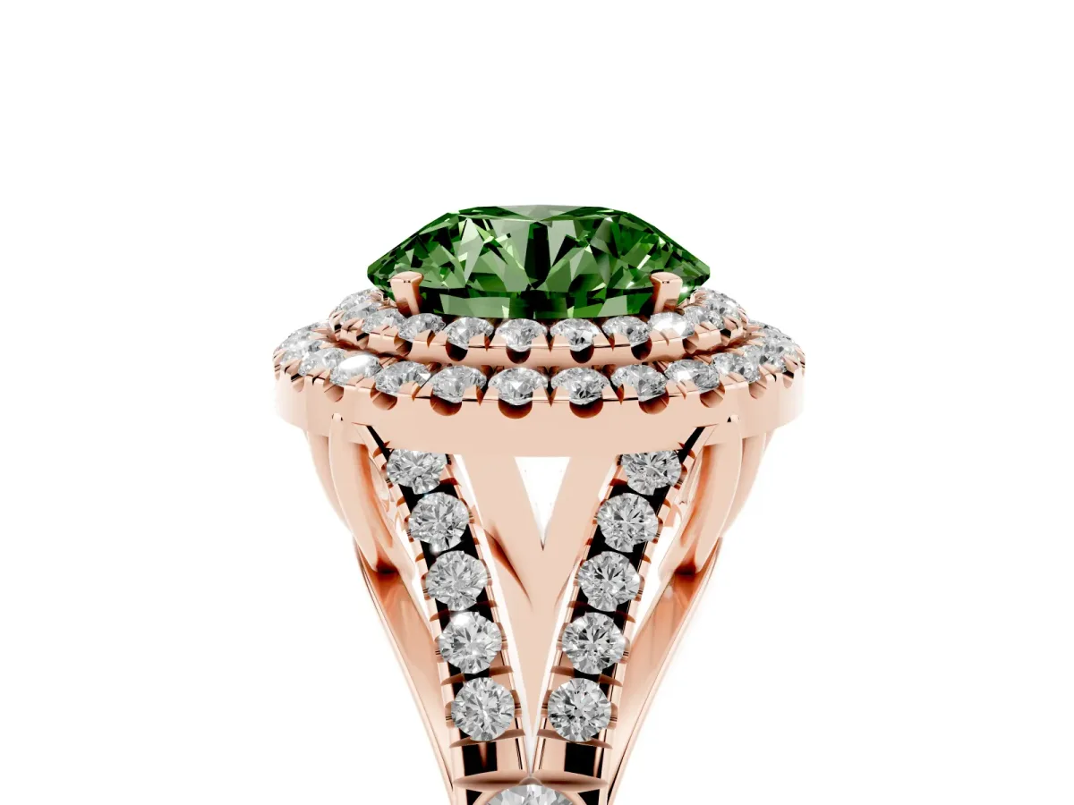 Fancy Green Round Cut Cut Double Halo Split Shank Diamond Ring with Prong Setting Rose gold