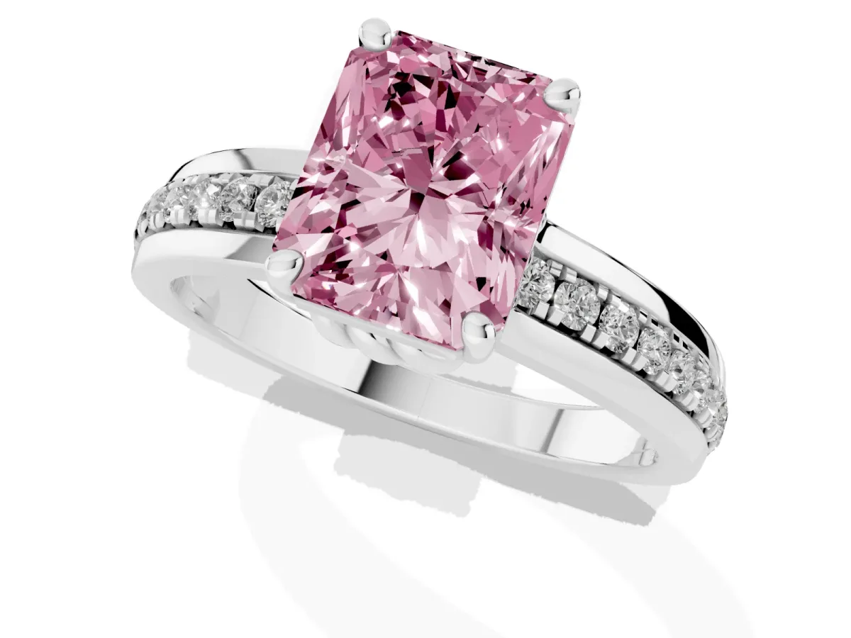 Fancy Pink Radiant Cut Solitaire Diamond Ring with Channel Set Band and Six-Prong Setting Silver
