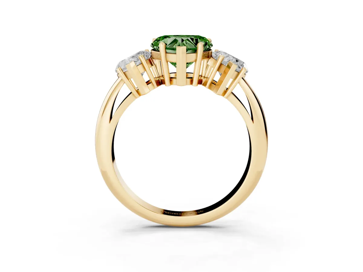 Fancy Green Three-Stone Heart Cut Cut Diamond Engagement Ring with Prong Setting on a White Gold Band Yellow gold