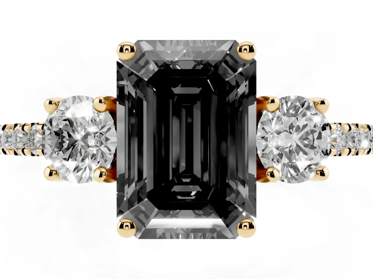 Fancy Black Three-Stone Emerald Cut Cut Diamond Pavé Band with Prong Setting Yellow gold