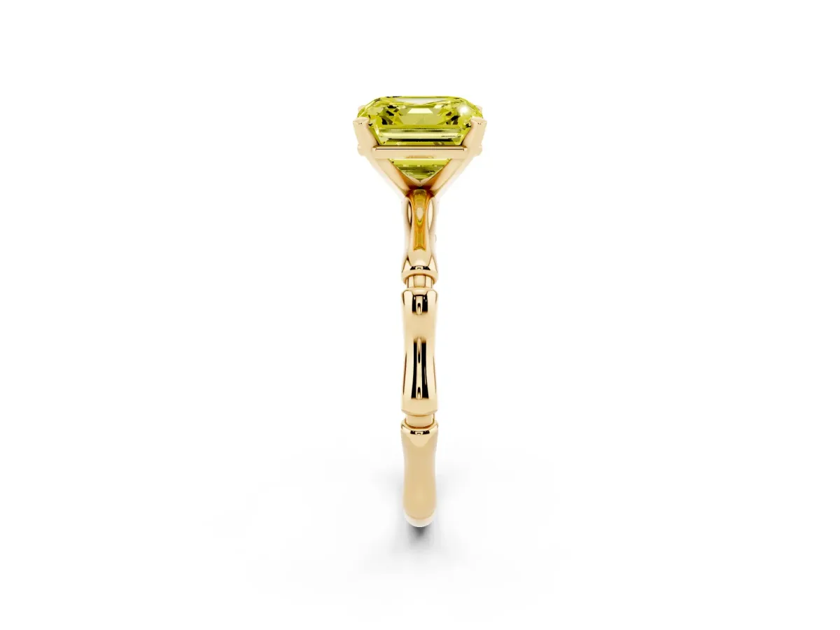 Fancy Yellow Asscher Cut Solitaire Diamond Ring with Bamboo Band and Four-Prong Setting Yellow gold