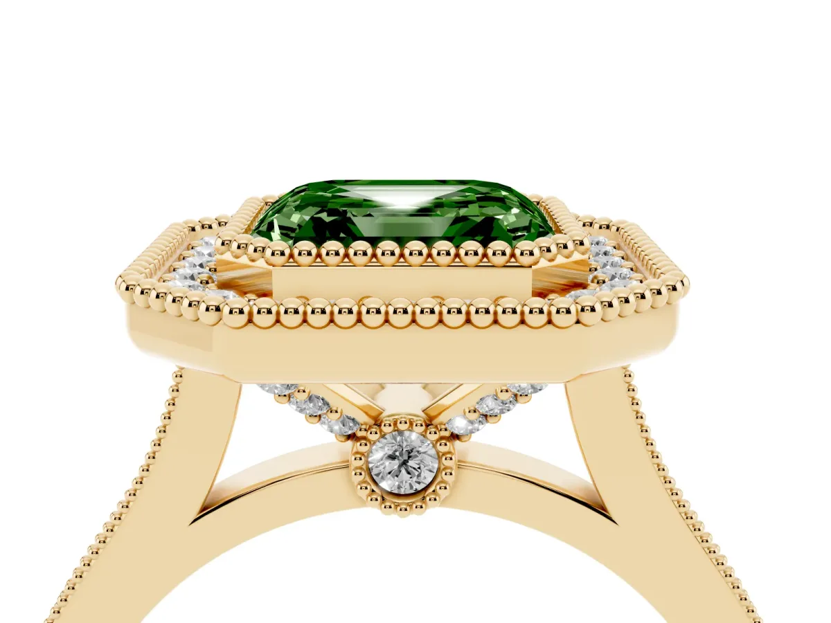 Fancy Green Asscher Cut Diamond Halo Ring with Milgrain Frame and Pavé Band Yellow gold