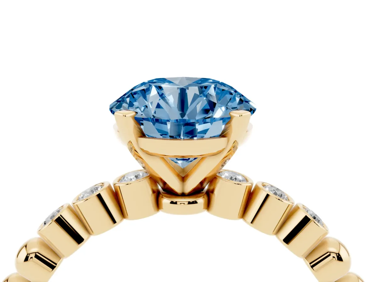 Fancy Blue Round Cut Solitaire Bezel Accent Diamond Engagement Ring with Beaded Band and Four-Prong Setting Yellow gold