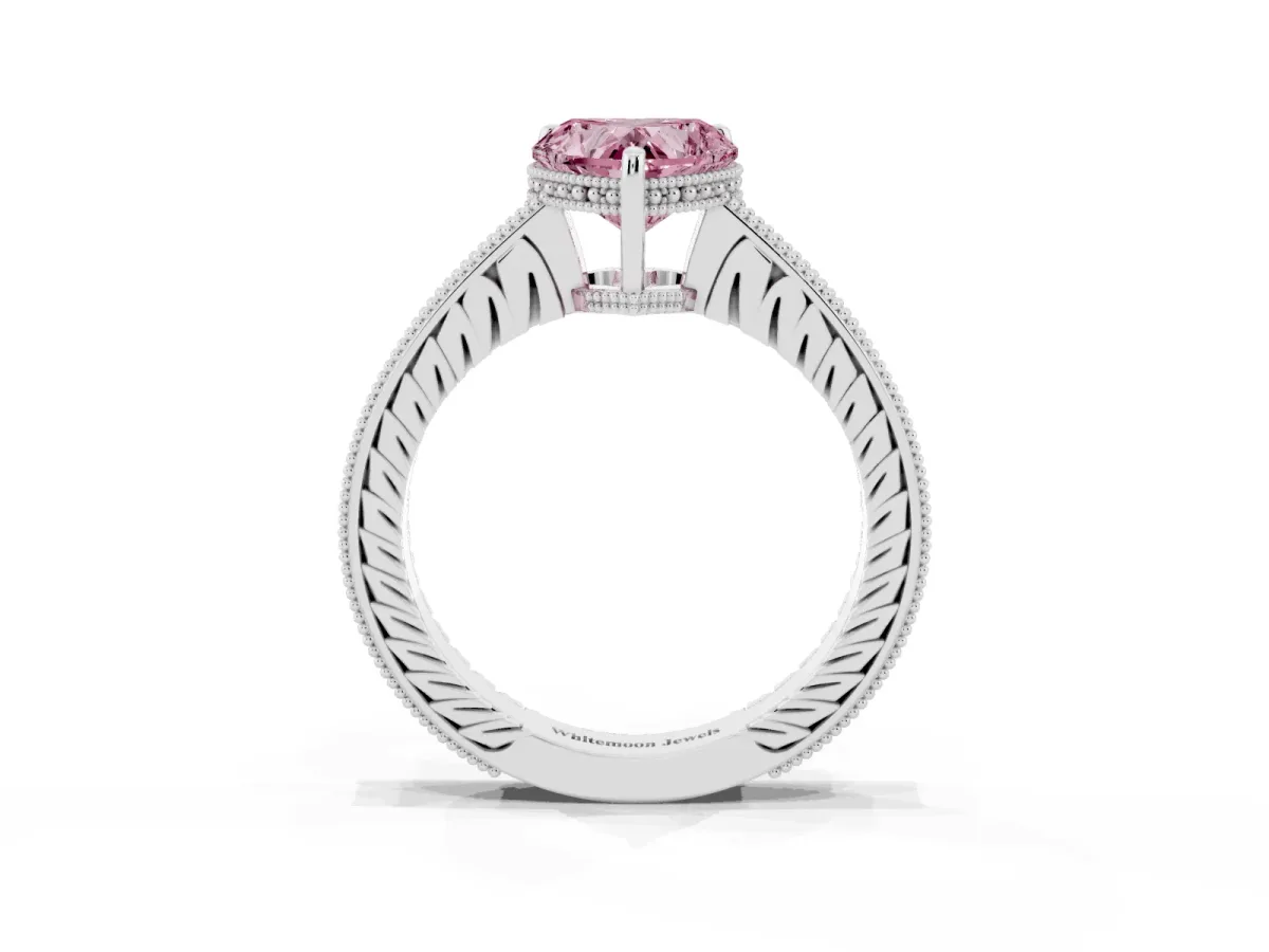 Fancy Pink Heart Cut Solitaire Pavé Diamond Milgrain Engagement Ring with Four-Prong Setting Silver