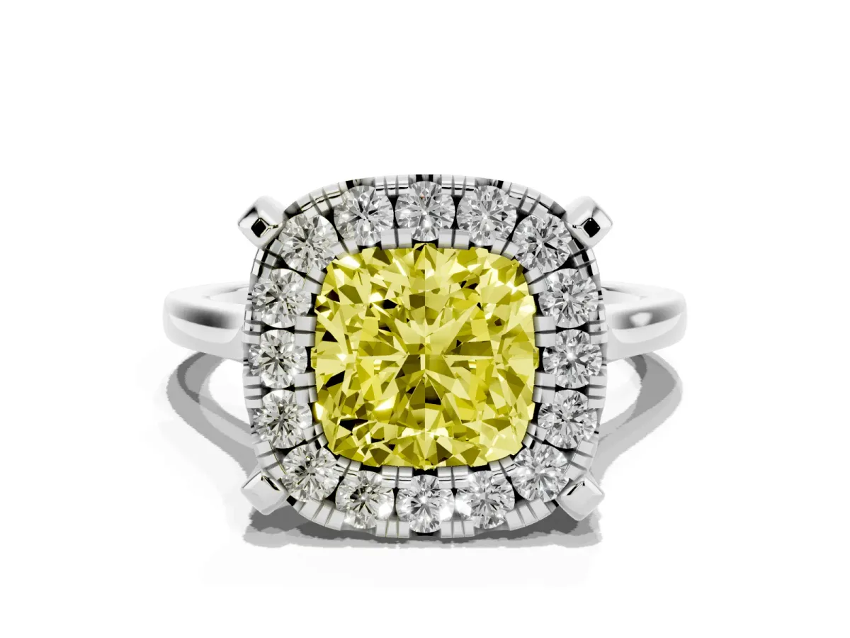 Fancy Yellow Cushion Cut Diamond Cluster Halo Solitaire with Four-Prong Setting Silver