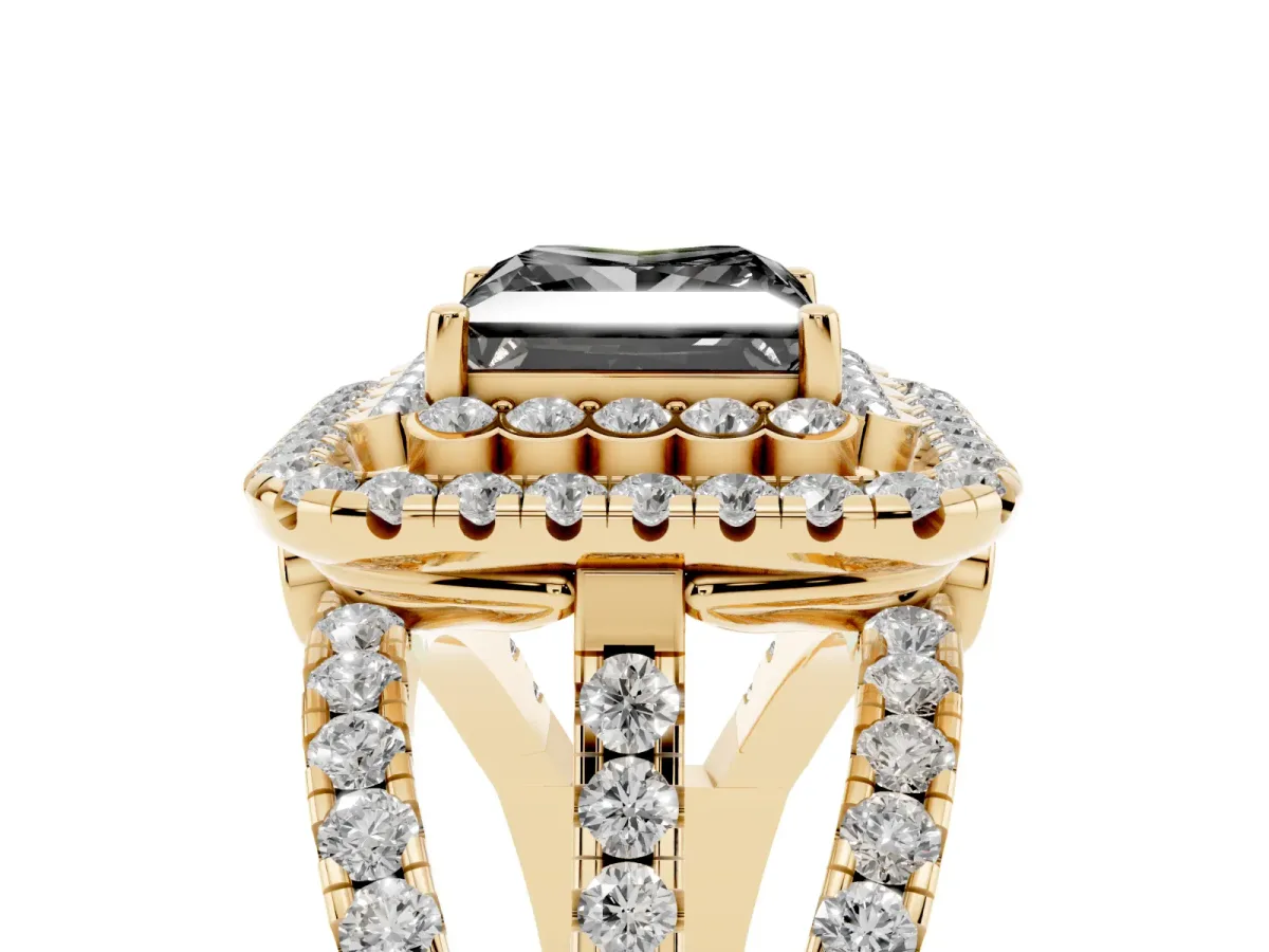 Fancy Black Princess Cut Diamond Double Halo Ring with Round Pavé Split Shank and Prong Setting Yellow gold
