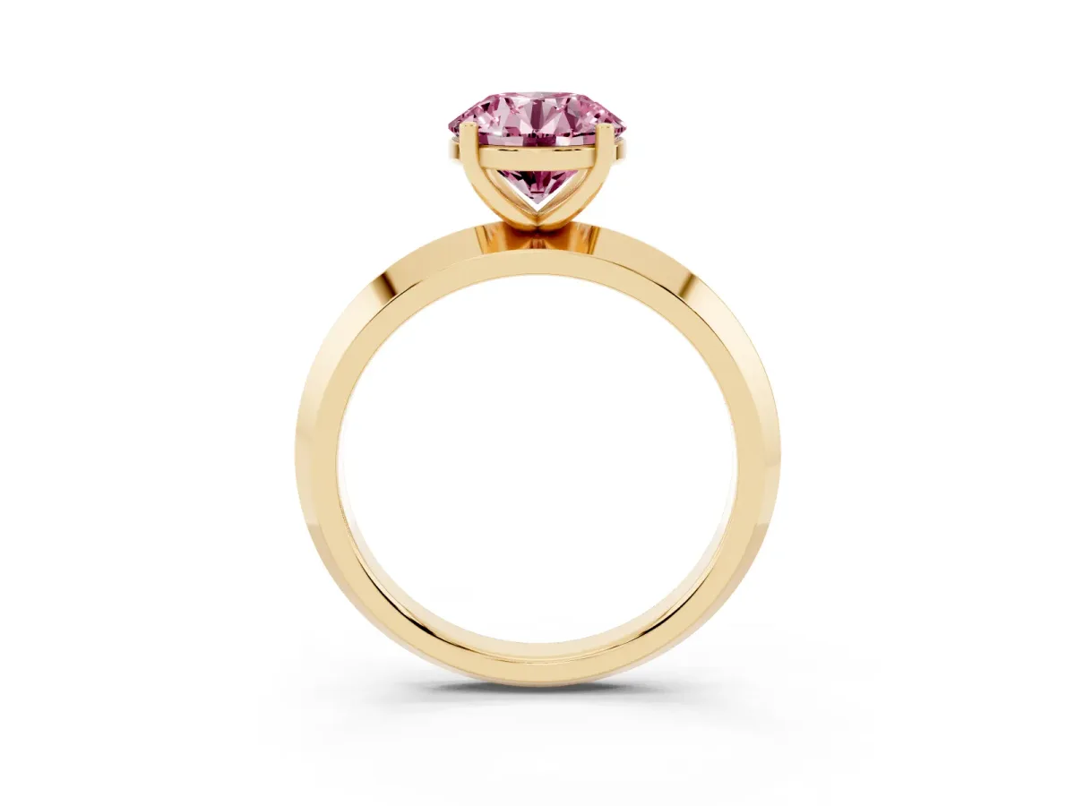 Fancy Pink Round Cut Cut Solitaire Engagement Ring with Flat Band and Four-Prong Setting Yellow gold