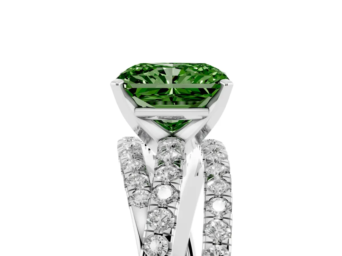 Fancy Green Radiant Cut Solitaire Twist Band with Pavé Setting and Four-Prong Setting Silver