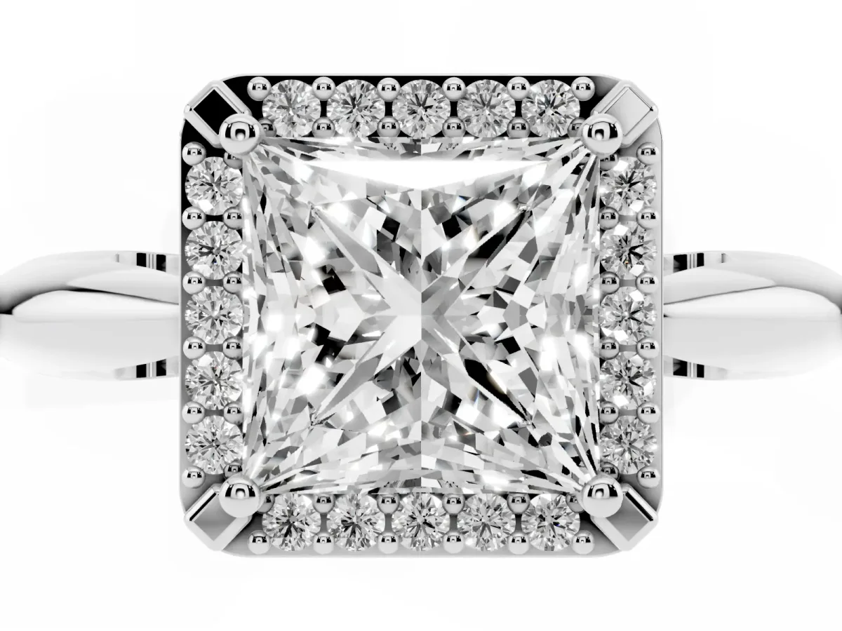 Princess Cut Cut Diamond Halo Engagement Ring with Split Shank and Four-Prong Setting Silver