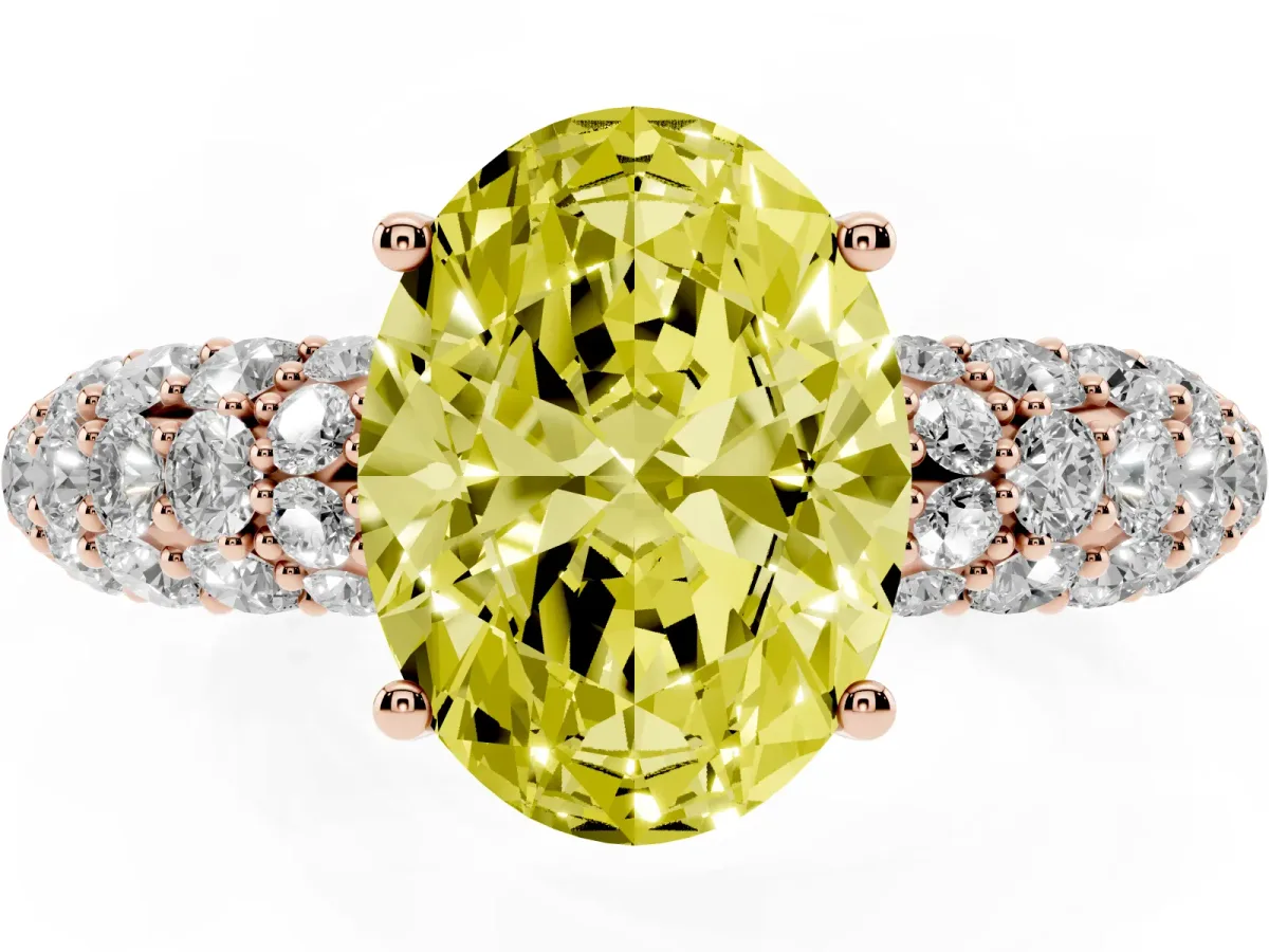 Fancy Yellow Oval Cut Diamond Pavé Band Solitaire Ring with Four-Prong Setting Rose gold