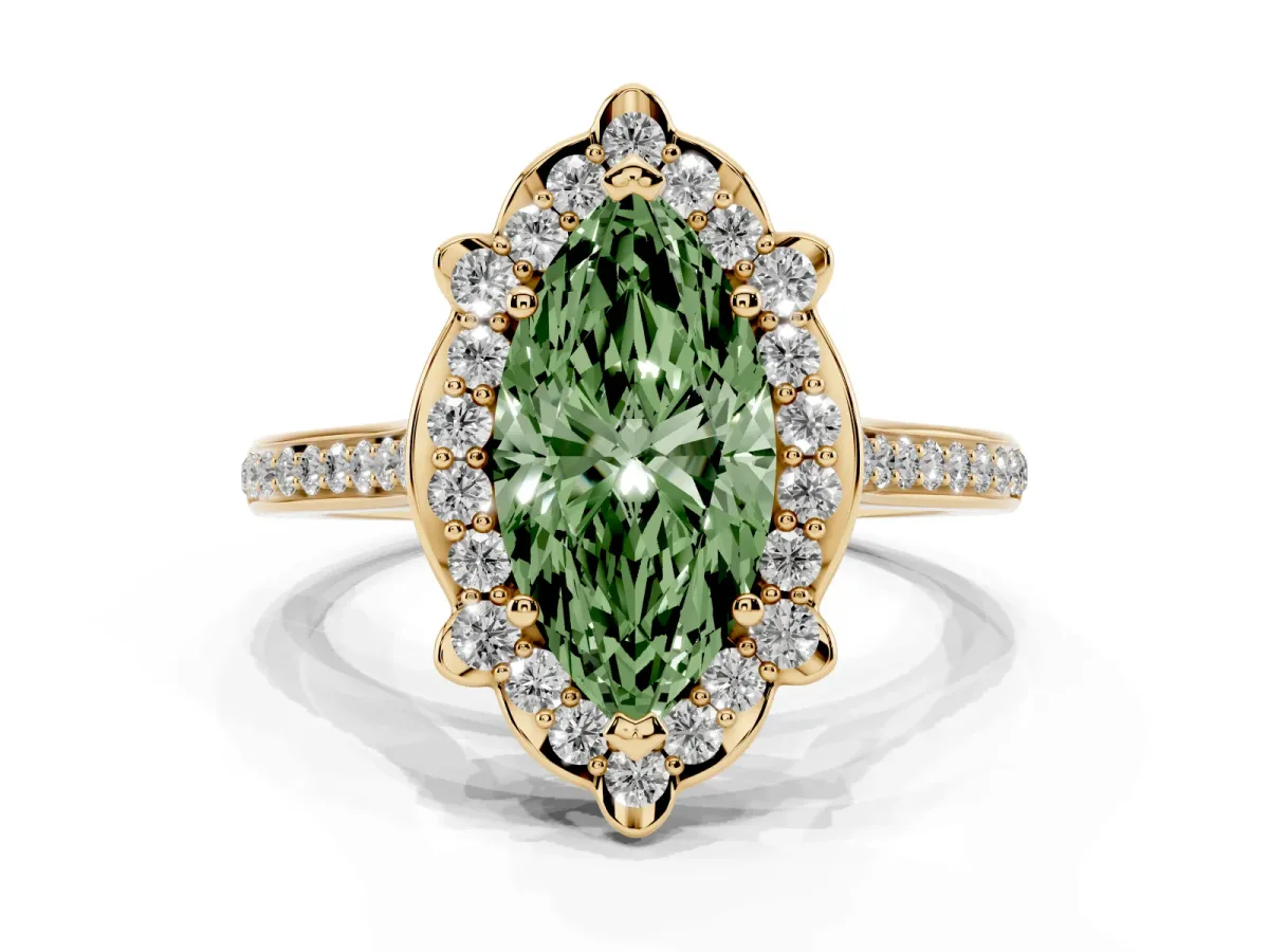 Fancy Green Marquise Cut Halo Round Diamond Pave Band with Four-Prong Setting Yellow gold