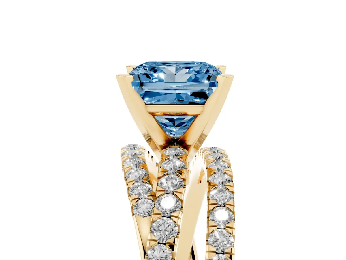 Fancy Blue Princess Cut Solitaire Twist Band with Pavé Setting and Four-Prong Setting Yellow gold