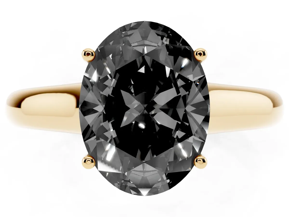 Fancy Black Oval Cut Solitaire Engagement Ring with Tapered Band and Four-Prong Setting Yellow gold