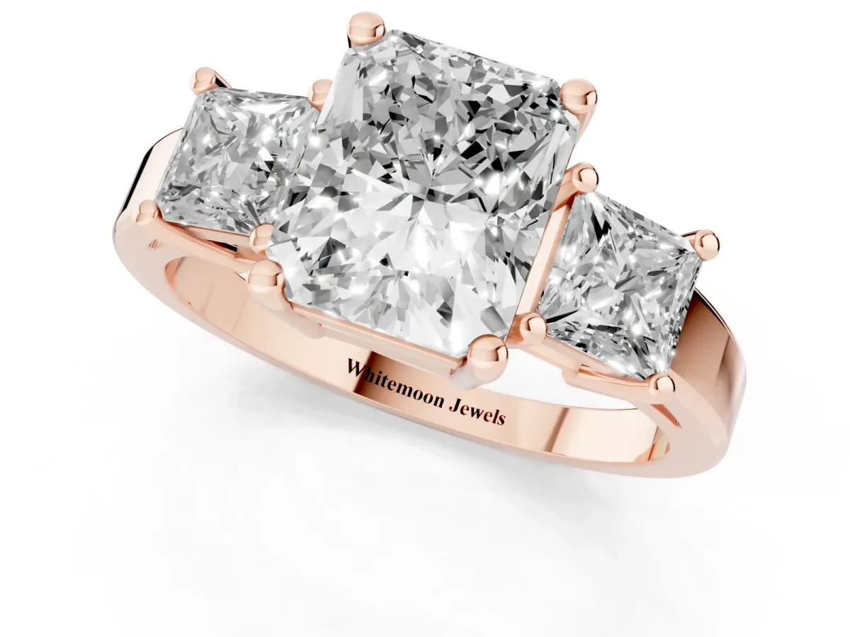Three-Stone Radiant Cut Cut Solitaire Ring with Prong Setting Rose gold