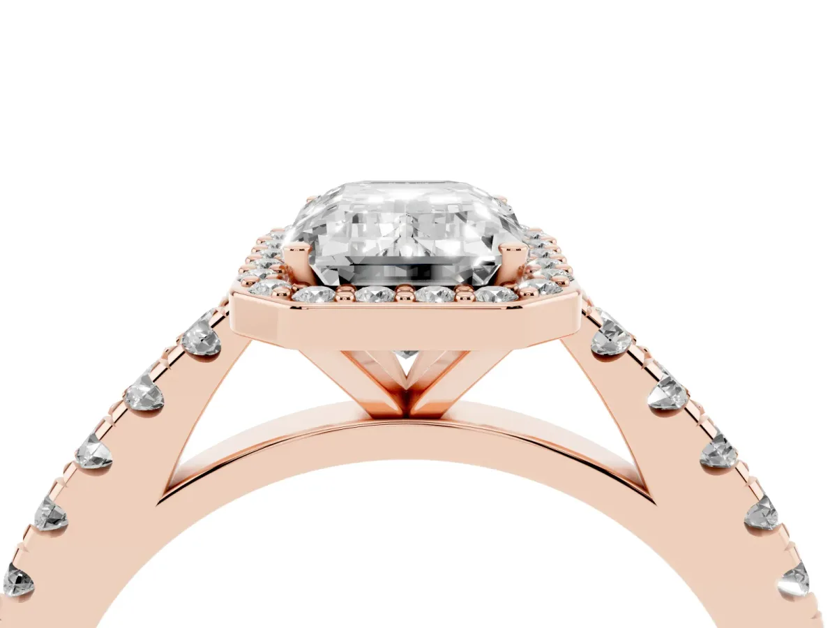 Emerald Cut Cut Halo Diamond Engagement Ring with Pave Band and Four-Prong Setting Rose gold