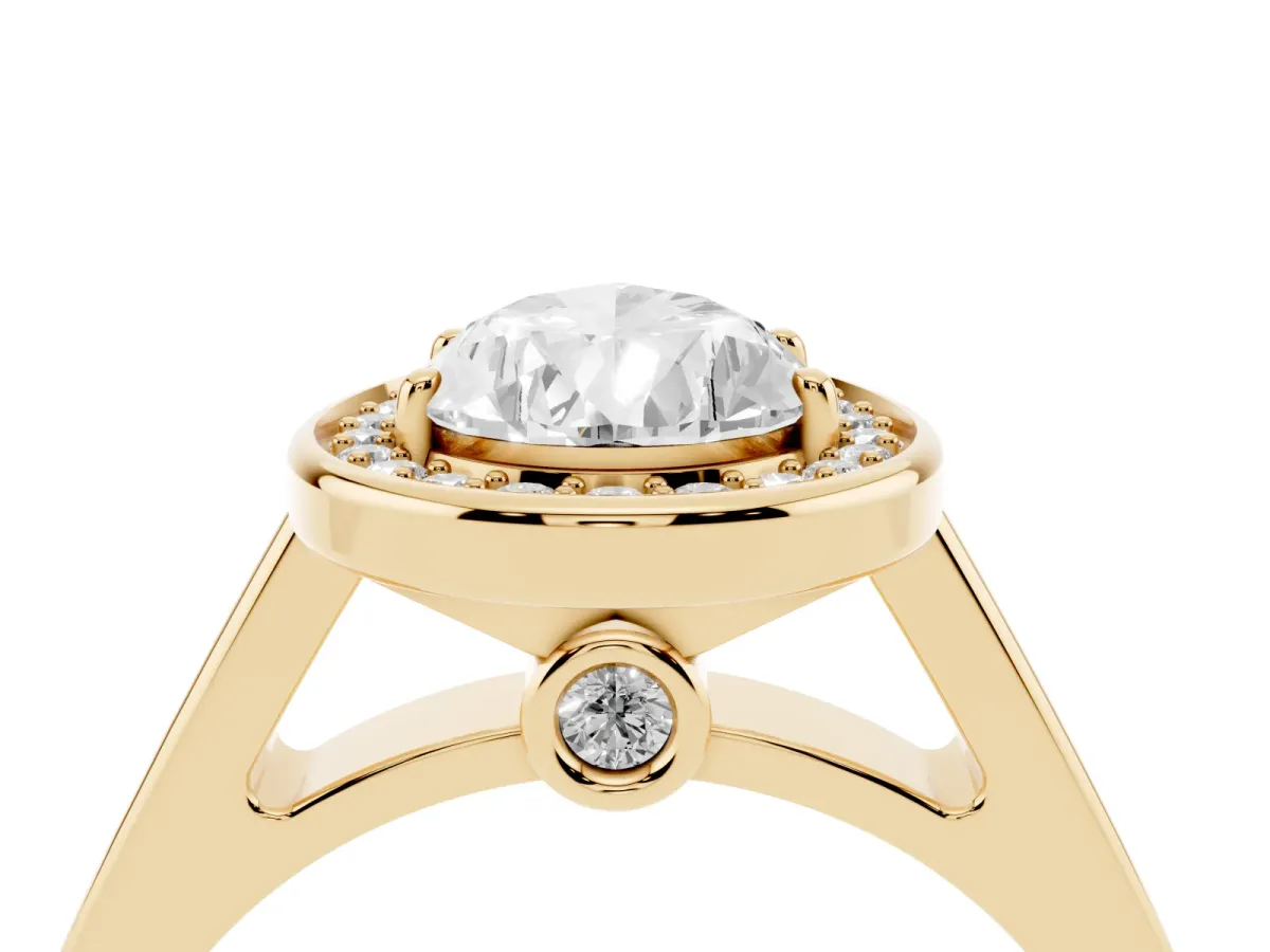 Pear Cut Halo Solitaire Diamond Ring with Pave Band and Bezel Setting Yellow gold
