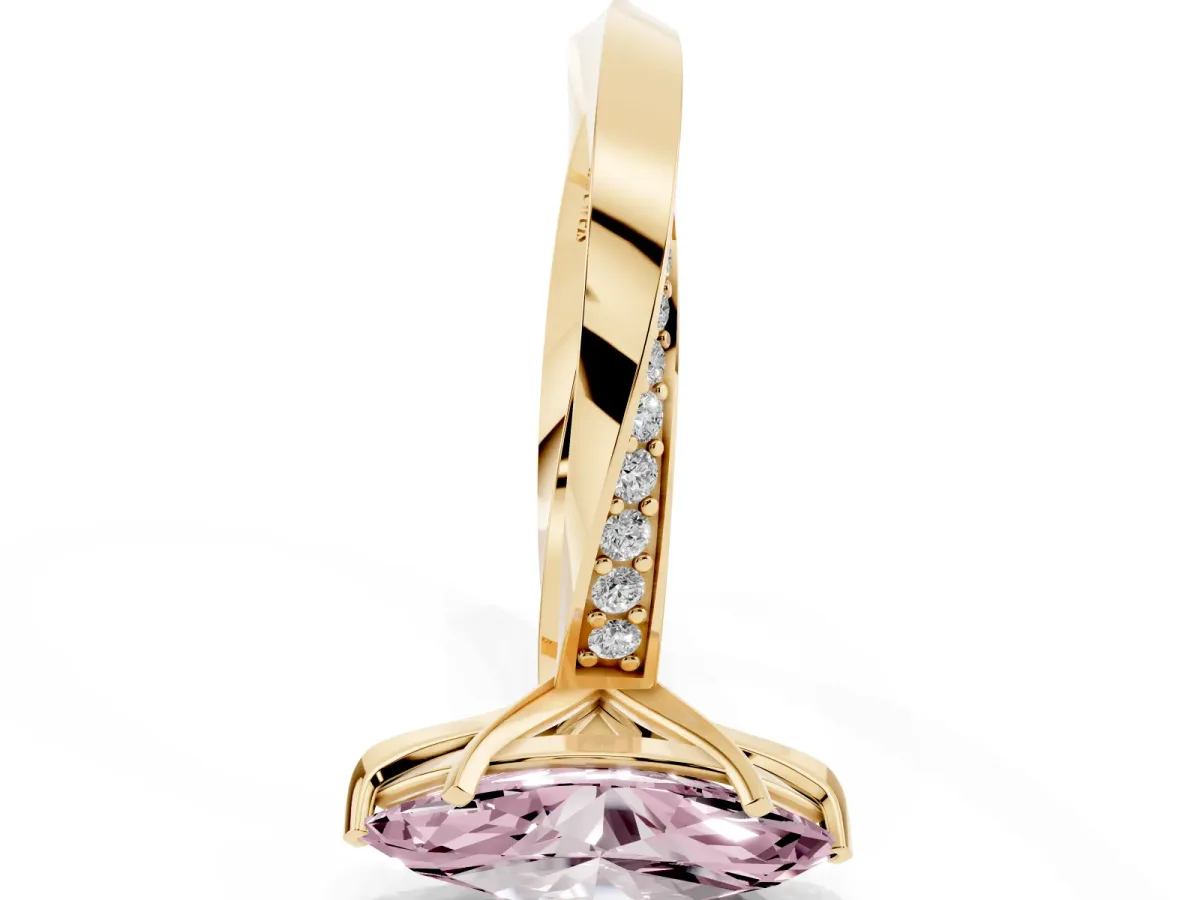 Fancy Pink Marquise Cut Diamond Engagement Ring with Side Stone Accents and Four-Prong Setting Yellow gold