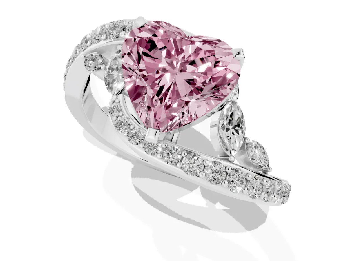 Fancy Pink Heart Cut Solitaire with Pavé Twist Band and Four-Prong Setting Silver