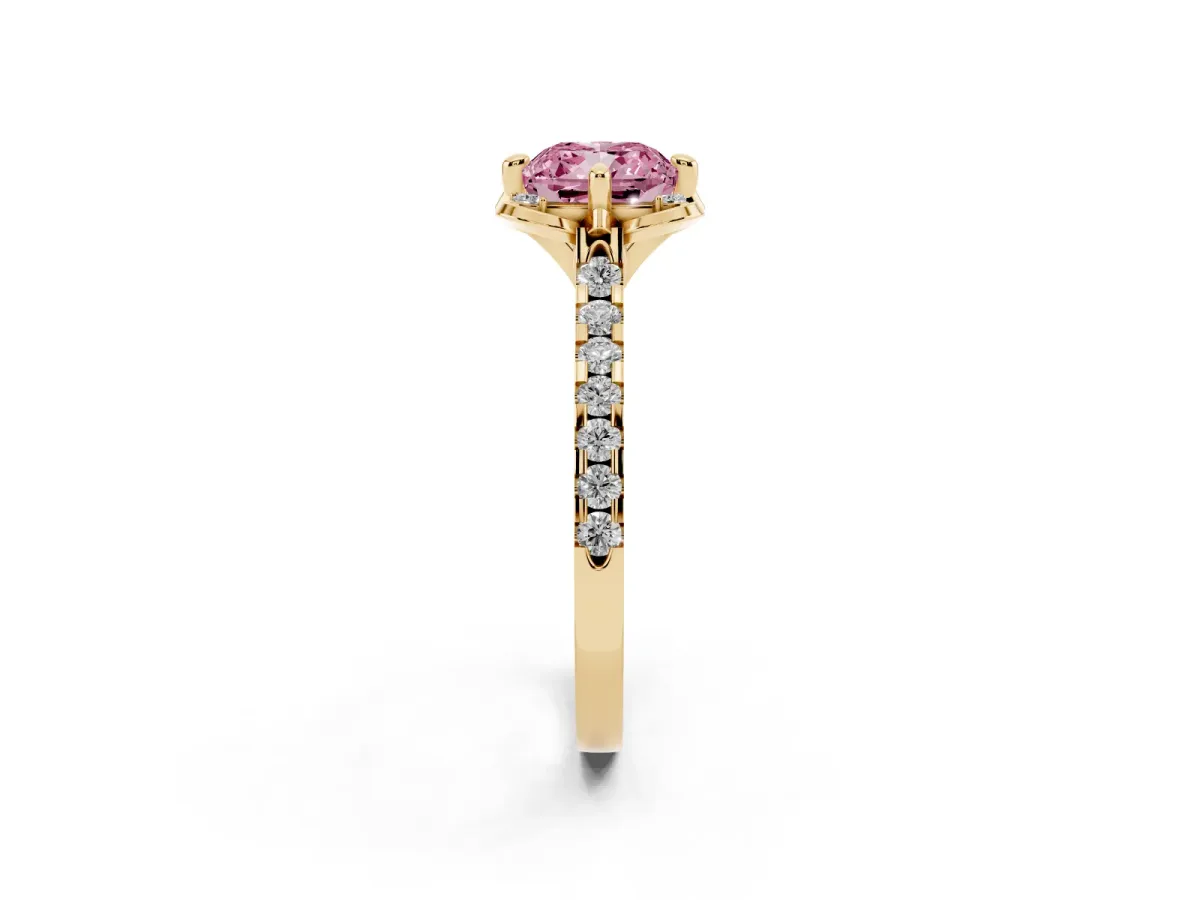 Fancy Pink Cushion Cut Diamond Ring with Pavé Band and Floral Prong Setting Yellow gold