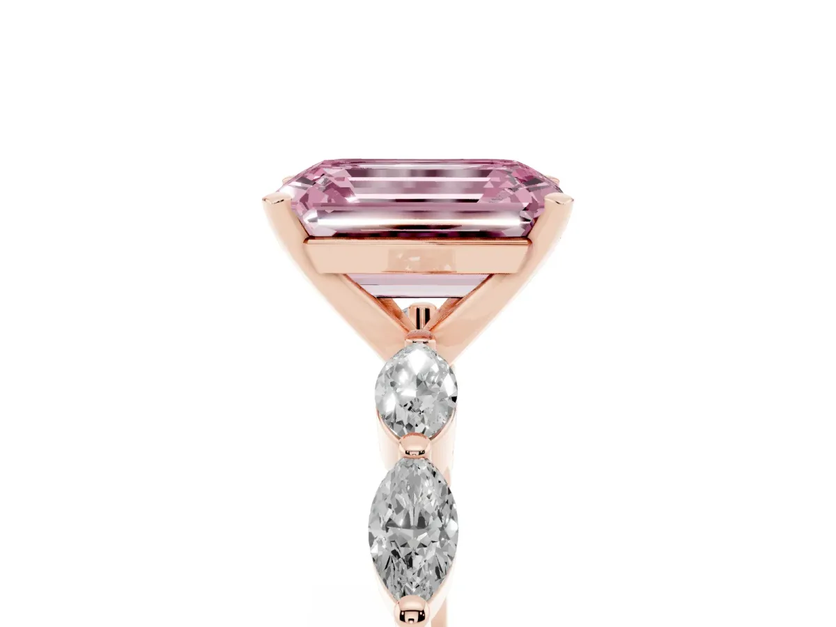 Fancy Pink Emerald Cut Diamond Ring with Marquise Side Stones and Prong Setting Rose gold