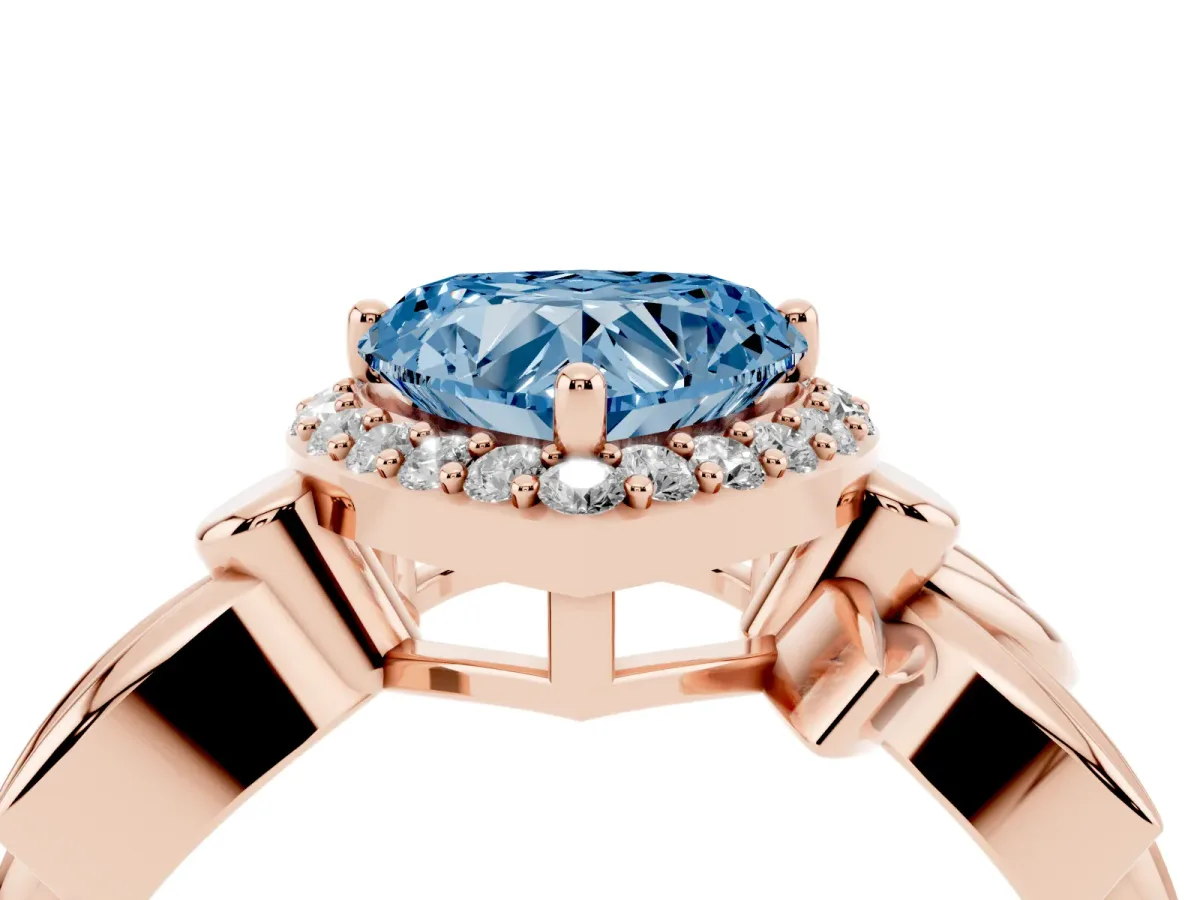 Fancy Blue Heart Cut Halo Diamond Floral Band with Four-Prong Setting Rose gold