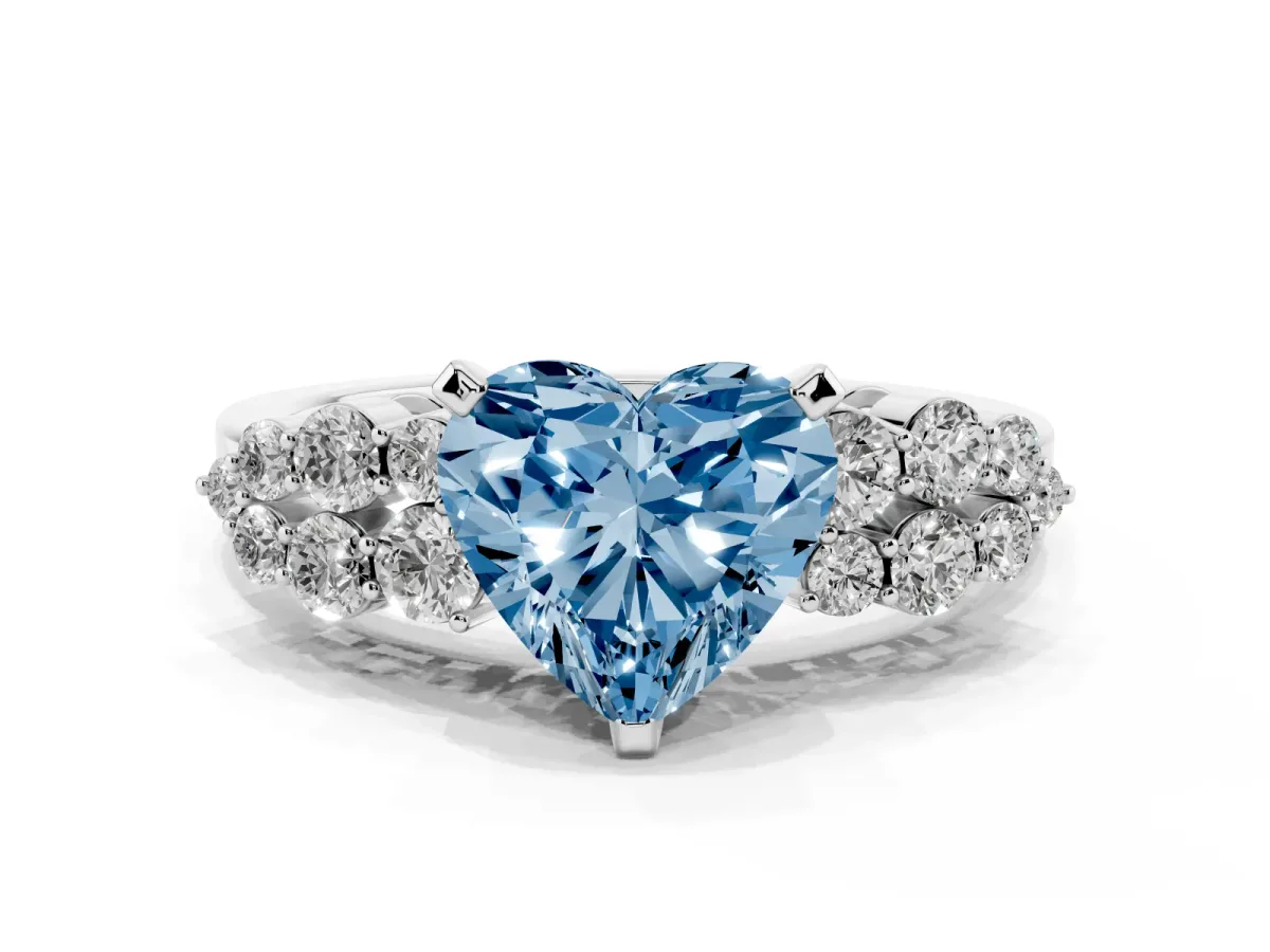 Fancy Blue Heart Cut Cluster Diamond Engagement Ring with Pavé Band and Four-Prong Setting Platinum