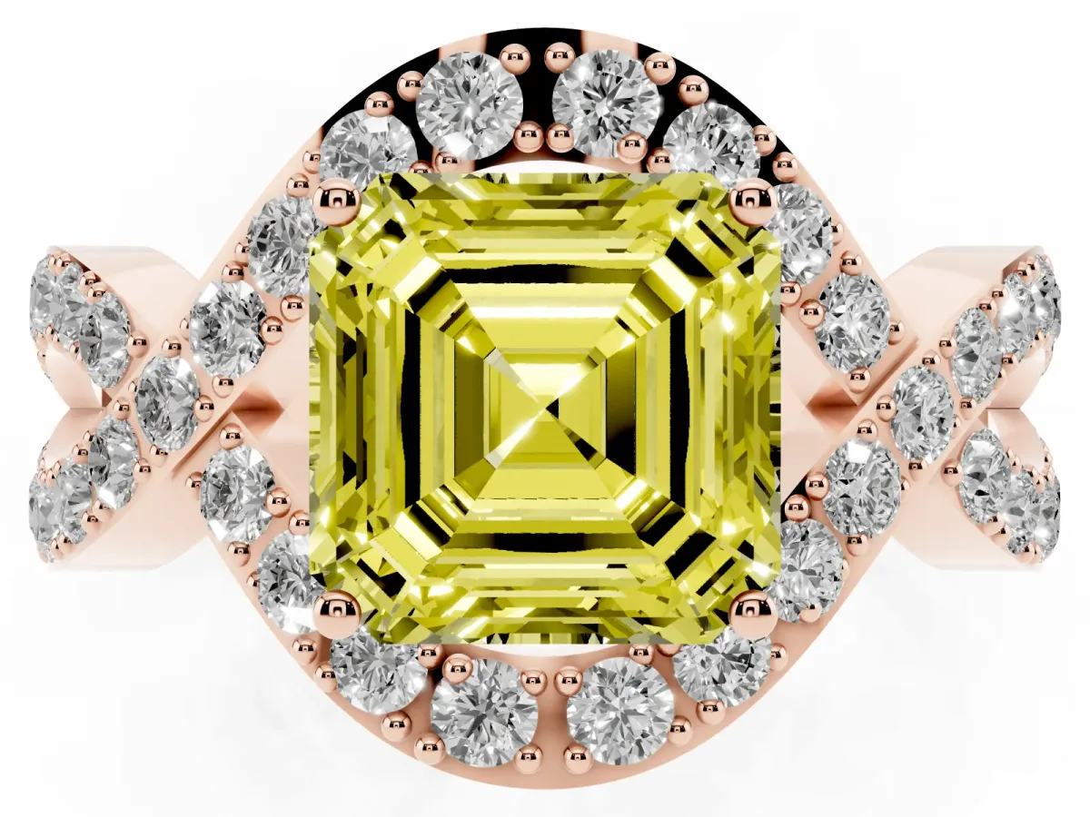 Fancy Yellow Asscher Cut Solitaire Twist Band Pavé Diamond Engagement Ring Rose gold