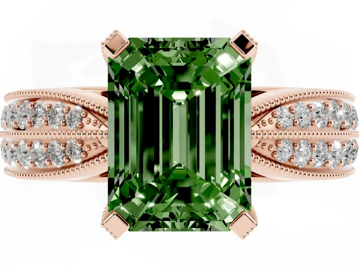 Fancy Green Emerald Cut Diamond Solitaire Ring with Milgrain Round Pavé Band and Prong Setting Rose gold