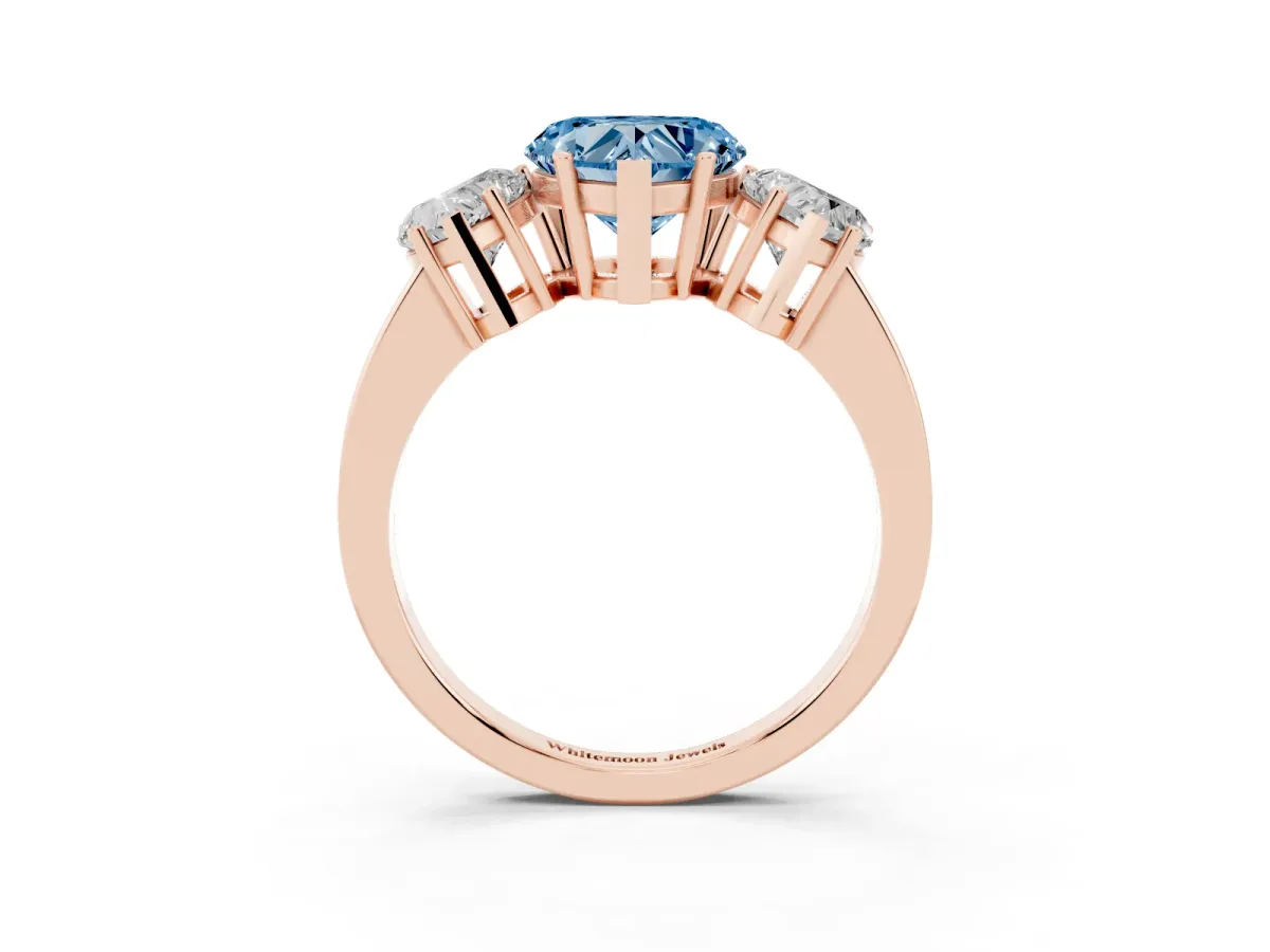 Fancy Blue Three-Stone Heart Cut Cut Diamond Engagement Ring with Flat Band and Four-Prong Setting Rose gold