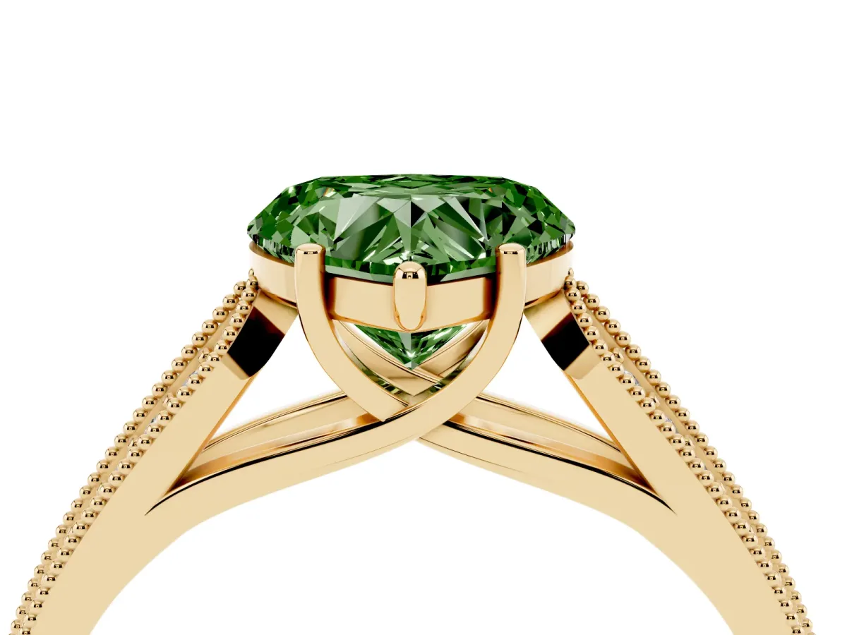 Fancy Green Heart Cut Cut Pave Split Shank Engagement Ring with Four-Prong Setting Yellow gold