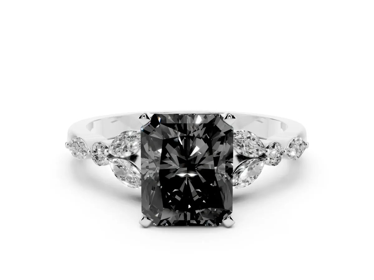 Fancy Black Radiant Cut Diamond Solitaire Ring with Side Stones and Four-Prong Setting Silver
