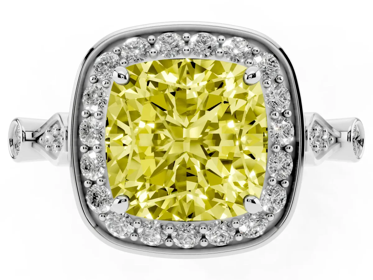 Fancy Yellow Cushion Cut Halo Diamond Engagement Ring with Twisted Band and Four-Prong Setting White gold