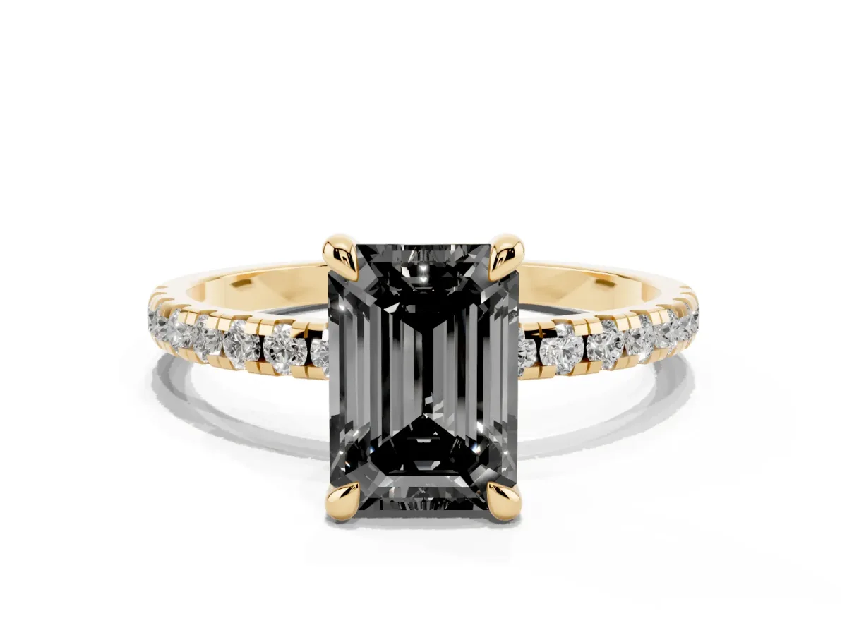 Fancy Black Emerald Cut Diamond Brilliant Solitaire Ring with Pavé Band and Four-Prong Setting Yellow gold