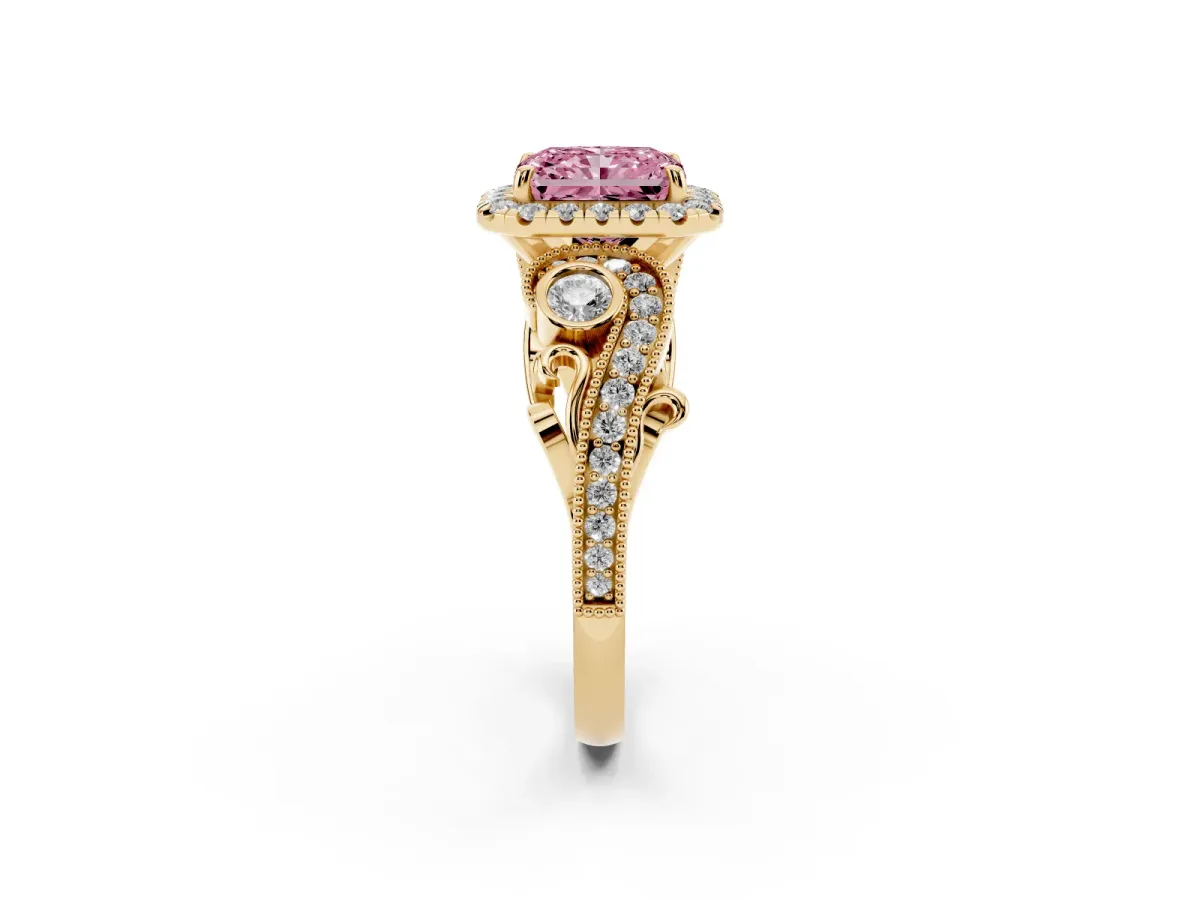 Fancy Pink Radiant Cut Halo Diamond Ring with Milgrain and Bezel Accents on a Split Shank Band Yellow gold