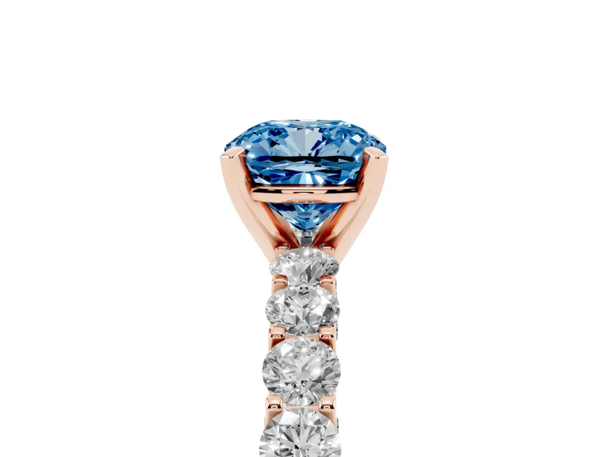 Fancy Blue Cushion Cut Diamond Solitaire Ring with Shared Prong Pavé Band and Four-Prong Setting Rose gold
